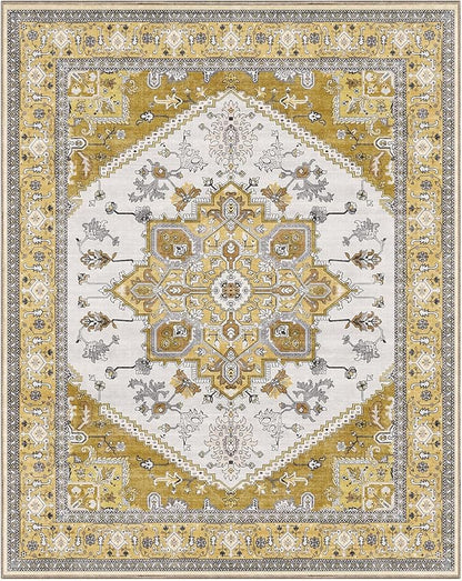 OPPODREAM Thin 8x10 Area Rugs, Washable Rugs 8x10 with Non Slip Backing, Faux Cashmere Low-Pile 8 x 10 Carpet, Yellow