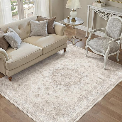 Beige Area Rug 3x5 Washable Vintage Carpet for Entryway Office Soft Retro Kitchen Low Pile Thin Door Mat Non Slip Oriental Medallion Throw Rug for Bathroom Bedroom Dining Living Room