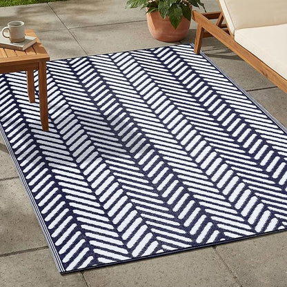 FH Home Outdoor Rug - Waterproof, Fade Resistant, Reversible - Premium Recycled Plastic - Herringbone - Patio, Deck, Porch, Balcony, Laundry Room - Fresno - Navy Crease Free - 4 x 6 ft