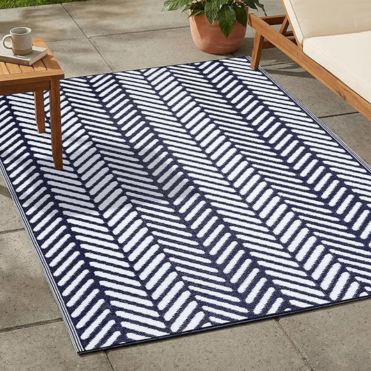 FH Home Outdoor Rug - Waterproof, Fade Resistant, Reversible - Premium Recycled Plastic - Herringbone - Patio, Porch, Deck, Balcony - Fresno - Navy Crease Free - 5 x 8 ft