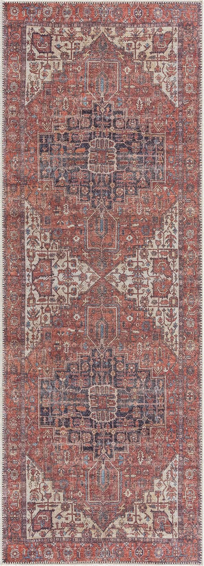 Bloom Rugs Washable 7 ft Runner - Red/Orange/Beige Traditional Runner for Entryway, Hallway, Bathroom, and Kitchen - Exact Size: 2.5' x 7'