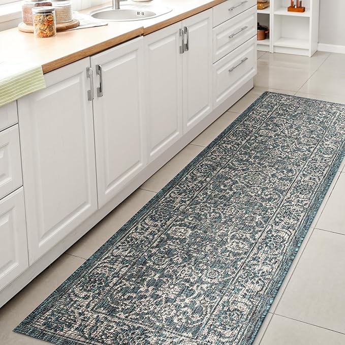 JONATHAN Y Weave Floral Indoor Outdoor Runner Rug 2X8 Teal/Gray, Tela Bohemian Textured for Backyard, Patio, Porch, Easy-Cleaning, High Traffic, Pet-Friendly, Non-Shedding (SMB100C-28)