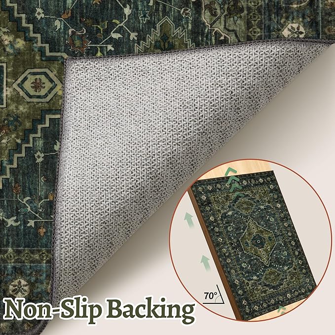 Tangsoo Washable Rug 4x6 Area Rug, Oriental Rug Indoor for Living Room, Non Slip Machine Washable Large Rugs, Soft Print Distressed Olive Green Carpet for Bedroom Dining Room Dorm Office