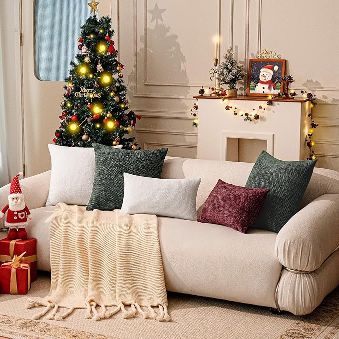 a moment Christmas Dark Green Chenille Throw Pillow Covers 12x20 Inch Pack of 2 Modern Decorative Throw Pillow Covers Farmhouse Cross Covers Home Decor for Sofa Bedroom Living Room