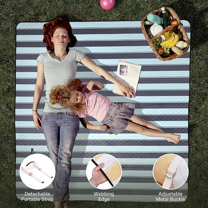 HX&OD Extra Large Picnic Outdoor Blanket, 80”x80” Waterproof Picnic Mat Foldable Camping Blanket Portable with Carry Strap for Beach Mat Outdoor Camping Party(Grey&Green)