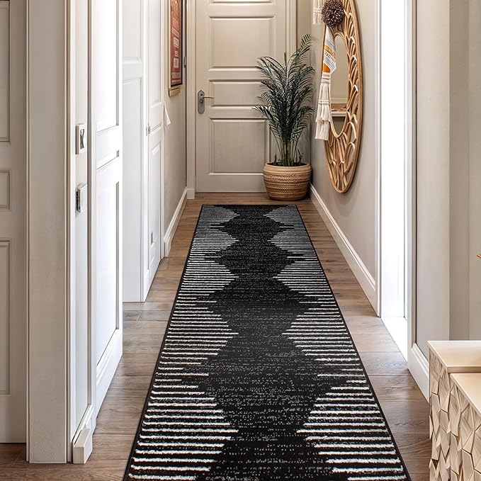 Rugshop Bohemian Stripe Stain Resistant High Traffic Living Room Kitchen Bedroom Dining Home Office Runner Rug 2'7" x 8' Black