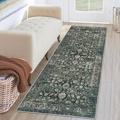 KUTA Runners for Hallways 2x6 Dark Green, Vintage Floral Rug Non-Slip Washable Kitchen Rugs Ultra Thin Soft Printed Retro Distressed Flower Carpet Entryway Rugs for Bedroom Laundry Nursery