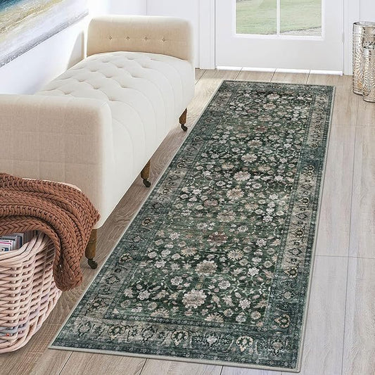 KUTA Runners for Hallways 2x6 Dark Green, Vintage Floral Rug Non-Slip Washable Kitchen Rugs Ultra Thin Soft Printed Retro Distressed Flower Carpet Entryway Rugs for Bedroom Laundry Nursery