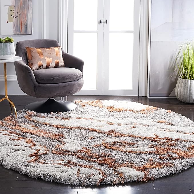 SAFAVIEH Horizon Shag Collection Area Rug - 6'7" Round, Grey & Rust, Modern Abstract Design, Non-Shedding & Easy Care, 2-inch Thick Ideal for High Traffic Areas in Living Room, Bedroom (HZN890P)