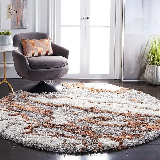 SAFAVIEH Horizon Shag Collection Area Rug - 6'7" Round, Grey & Rust, Modern Abstract Design, Non-Shedding & Easy Care, 2-inch Thick Ideal for High Traffic Areas in Living Room, Bedroom (HZN890P)