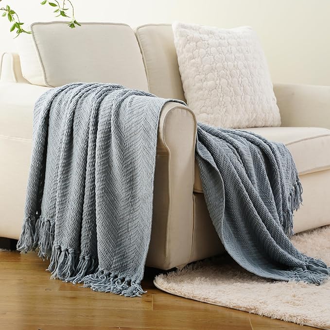 BATTILO HOME Bluish Grey Chenille Throw Blanket for Couch, Knit Throw Blanket,Super Soft Warm Home Decor Throw Blanket with Tassels for Bed,Sofa and Living Room,50" x 60"