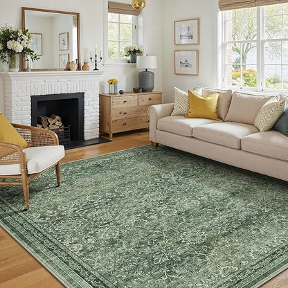 6x9 Vintage Area Rug Green Washable Living Room Large Non Slip Carpet Bedroom Indoor Office Low Pile Traditional Distressed Retro Floral Accent Rug for Dining Room Kitchen