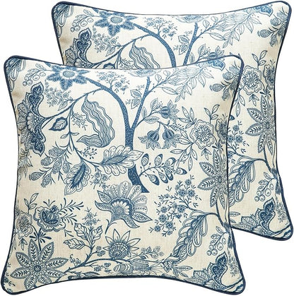 ISAENNE Design Linen Square Throw Pillow Covers 18"x18" Pack of 2, French Country Cushion Covers with Blue Toile de Jouy Floral Pattern Decoration Pillowcases for Bed, Living Room, Outdoor, Car