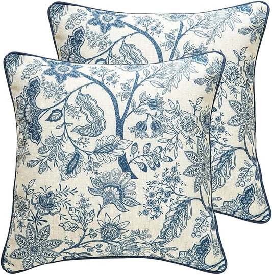 ISAENNE Design Linen Square Throw Pillow Covers 18"x18" Pack of 2, French Country Cushion Covers with Blue Toile de Jouy Floral Pattern Decoration Pillowcases for Bed, Living Room, Outdoor, Car