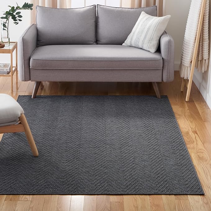 TOWN & COUNTRY BASICS Pax Herringbone Textured Solid Everwash® Washable Area Rug, Low Pile, Non-Slip Backing, Easy Clean Pet & Family Friendly Rug, Dark Grey, 4'11"x7'