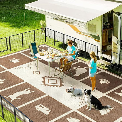 FXW Camping Rug, 10' x 14' Large Waterproof Portable RV Mat, Easy-to-Clean Straw Plastic Mat for Outdoor, Patio, Backyard, Deck, Picnic, Beach, Trailer, Brown & Beige