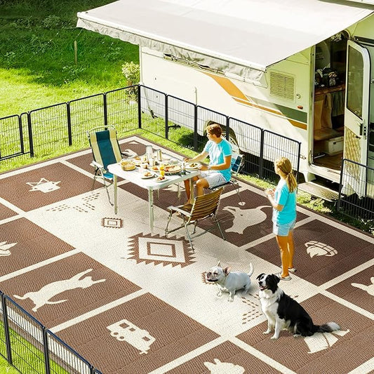 FXW Camping Rug, 10' x 14' Large Waterproof Portable RV Mat, Easy-to-Clean Straw Plastic Mat for Outdoor, Patio, Backyard, Deck, Picnic, Beach, Trailer, Brown & Beige