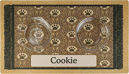 Drymate Personalized Pet Bowl Placemat, Custom Dog & Cat Food Feeding Mat - Absorbent Fabric, Waterproof Backing - Machine Washable/Durable (USA Made) (16" x 28") (Brown Paw Braid)