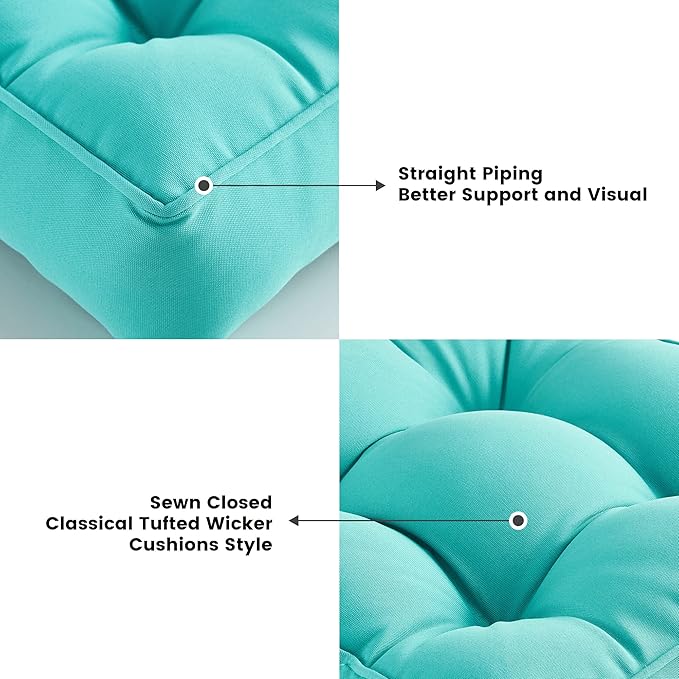 ARTPLAN Outdoor Seat Cushion,Square Thick Tufted Pure Chair Cushion for Patio Wicker Chair with Tie,Set of 2,19"x19"x5",Teal