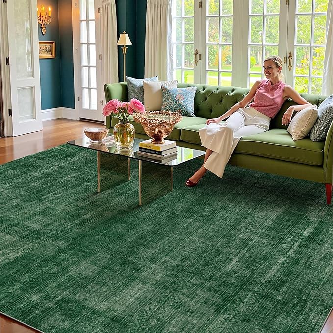 Kokia Abstract Area Rugs 9x12 Bedroom Washable Decor Low Pile Non-Slip Non-Shedding Indoor Carpet Foldable Stain Resistant Floor Mat Living Room Dining Room, Green Rug, Oslo Jungle