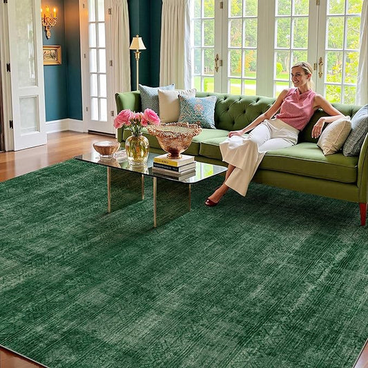 Kokia Abstract Area Rugs 8x10 Bedroom Soft Living Room Rugs Washable Distressed Vintage Comfy Carpet with Non-Slip Backing for Farmhouse Home Office Room Decor, Green Rug, Oslo Jungle
