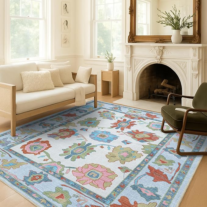 Fame Living Colorful Oushak Rug, Modern, Vintage, Turkish, Eclectic, Floral, Pastel, Washable, Extra Large Area Rugs for Living Room, Dining, Bedroom, Lounge, 9'x12'