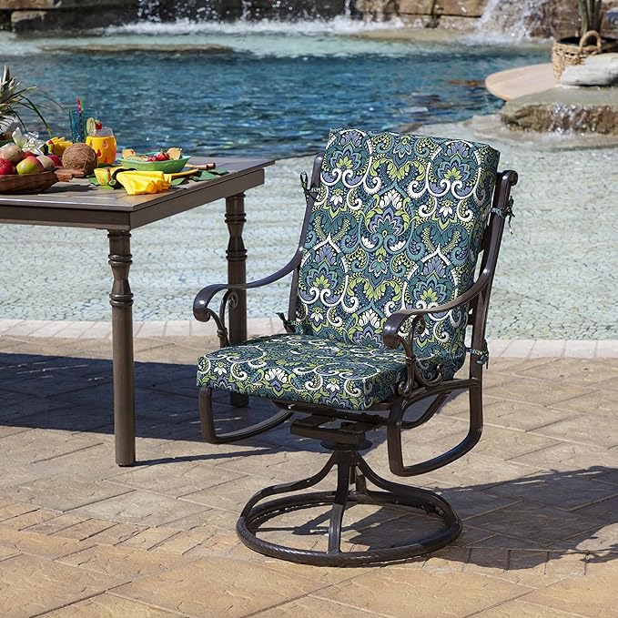 Arden Outdoor Dining Chair Cushion, 2 Pack, 20 x 20, Rain-Proof, Fade Resistant, Sapphire Aurora Blue Damask