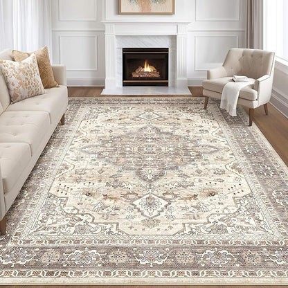 12x15 Area Rug Living Room: Washable Boho Large Neutral Vintage Soft Rugs Stain Resistant Farmhouse Non Slip Indoor Floor Carpet for Bedroom Nursery Kids Playroom Office Dining Room Home Decor- Brown