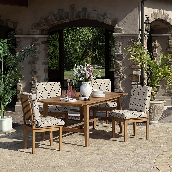 Arden Foam Outdoor Dining Chair Cushion, 20 x 20, Made with ProFoam, Rain-Proof, Fade Resistant, Tan Diamond Trellis