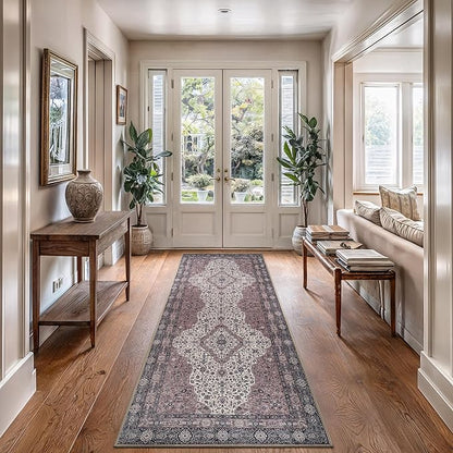 Bloom Rugs Washable Non-Slip 10 ft Runner - Cream/Green Traditional Medallion Runner for Entryway, Hallway, Bathroom, and Kitchen - Exact Size: 2.5' x 10'