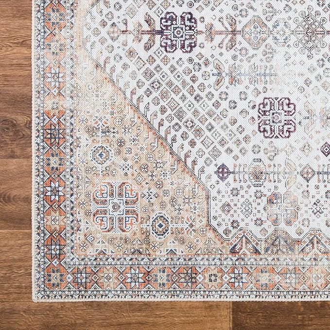 Bloom Rugs Washable Non-Slip 5' x 7' Rug - Sand/Orange/Purple Traditional Medallion Area Rug for Living Room, Bedroom, Dining Room, and Kitchen - Exact Size: 5' x 7'