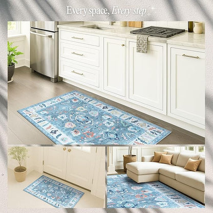 Fame Rugs Teal Modern Oushak Rug 2x3, Vintage Doormat Turkish Colorful Oriental Antique Inspired Washable Small Area Rug, Luxury Living Room Bedroom (995T, 2' x 3')