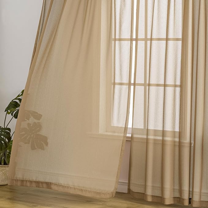 MAIHER 80 Inch Length Khaki Pinch Pleated Sheer Curtains Light Filtering Voile for Patio Door Living Room Soft Touch Lightweight Pleated Drapes with Adjustable Hooks, Khaki, 42" W x 80" L, 2 Panels