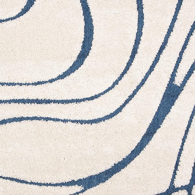 SAFAVIEH Florida Shag Collection 4' Round Cream/Blue SG471 Abstract Wave Non-Shedding Living Room Bedroom Dining Room Entryway Plush 1.2-inch Thick Area Rug