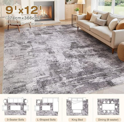 Abstract Living Room Rug 9x12 - Modern Washable Soft Thin Area Rug for Living Room Bedroom Under Dining Table - Neutral Indoor Floor Rug Carpets for Home Office Playroom Nursery - Grey