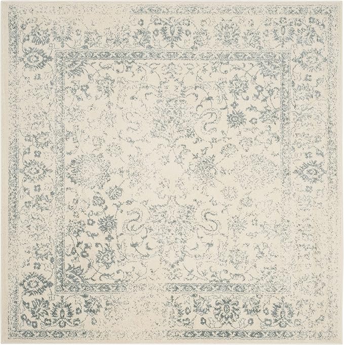 SAFAVIEH Adirondack Collection Area Rug - 6' Square, Ivory & Slate, Distressed Vintage Floral Design, Non-Shedding & Easy to Clean, Ideal for Living Room, Bedroom, Dining Space (ADR109S)