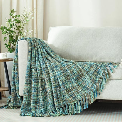 Multi-Color Green Cable Knitted Throw Blanket for Couch,60"X80" Boho Style Textured Blankets for Home Decor,Super Soft Warm Cozy Chunky Knit Blanket with Decorative Tassels for Bed and Sofa