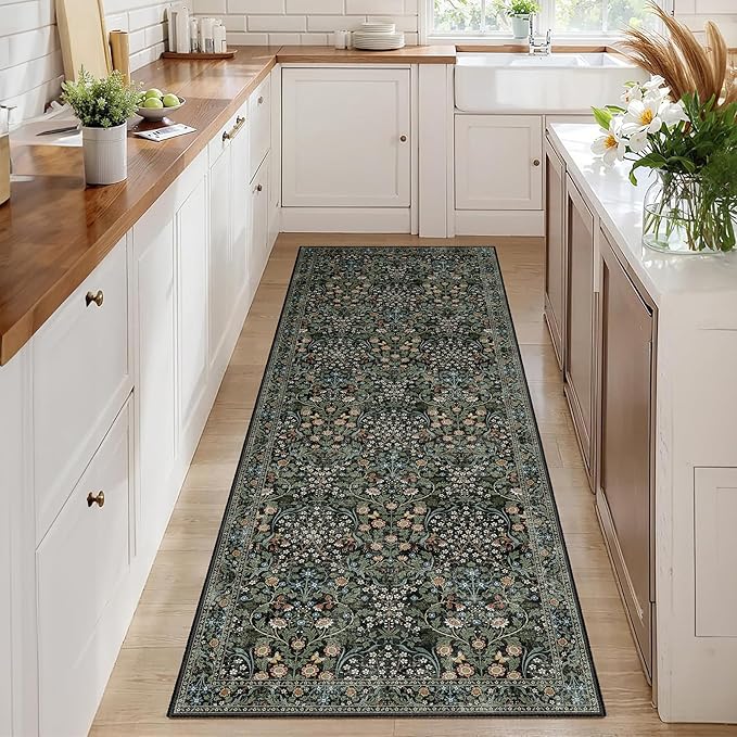MUJOO Washable Runner Rug,Floral 2x6 Runners for Hallway Kitchen Bedroom Bedside Bathroom Laundry Room,Long Non Slip Throw Carpet Boho Indoor Botanical Vintage Ultra-Thin Black and Green