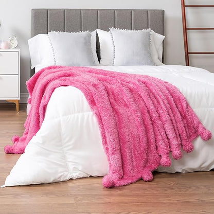 Pavilion Pink Sherpa Throw Blanket, Warm Plush Fuzzy Pom Pom Blanket for Couch, Sofa Throw, Lightweight Soft, Cozy Fluffy Blanket, Hot Pink, 50x60