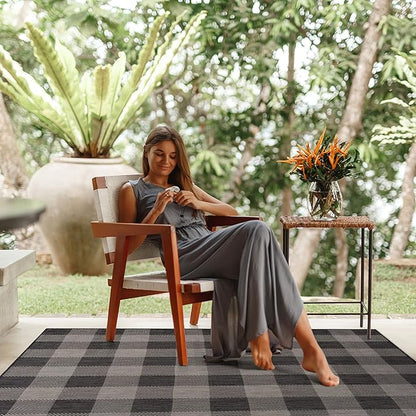 CAMILSON Outdoor Rug - Modern Area Rugs for Indoor and Outdoor Patios, Kitchen and Hallway mats - Easy Cleaning Non Shedding Washable Outside Carpet (8x10, Buffalo - Dark Grey/Light Grey)