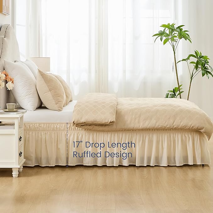 BISELINA Wrap Around Bed Skirts 17" Drop, Cotton Adjustable Elastic Dust Ruffles Easy Fit Wrinkle & Fade Resistant Soft Cozy Elegant Luxurious Bedding - Beige, Queen Size