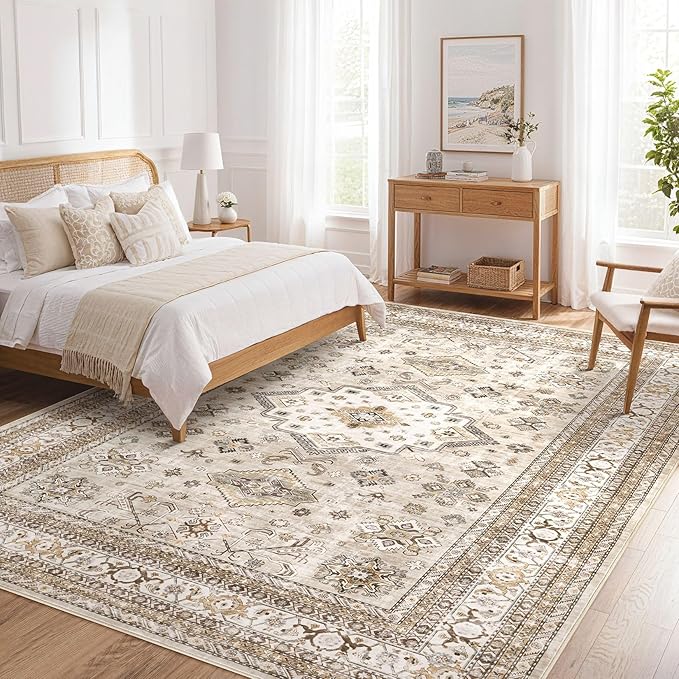 Vintage Living Room Area Rug 7x9 - Large Soft Washable Oriental Traditional Distressed Farmhouse Rugs for Bedroom - Indoor Floor Accent Carpet for Home Office House Decor - Beige