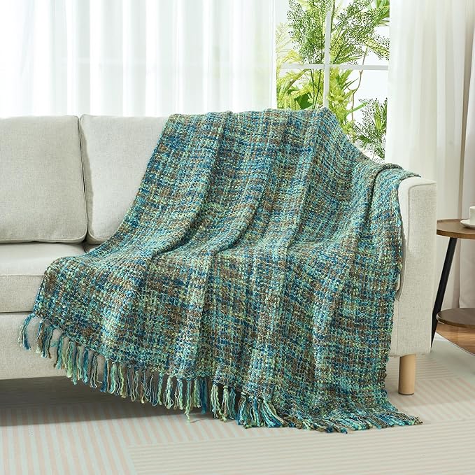 Multi-Color Green Cable Knitted Throw Blanket for Couch,60"X80" Boho Style Textured Blankets for Home Decor,Super Soft Warm Cozy Chunky Knit Blanket with Decorative Tassels for Bed and Sofa