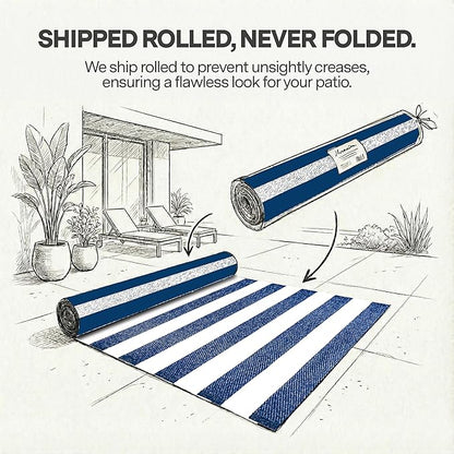 FH Home Outdoor Rug - Waterproof, Fade Resistant, Reversible - Premium Recycled Plastic - Striped - Porch, Deck, Balcony, Mudroom, Laundry Room, Patio - Brittany - Blue & White Crease Free - 3 x 5 ft