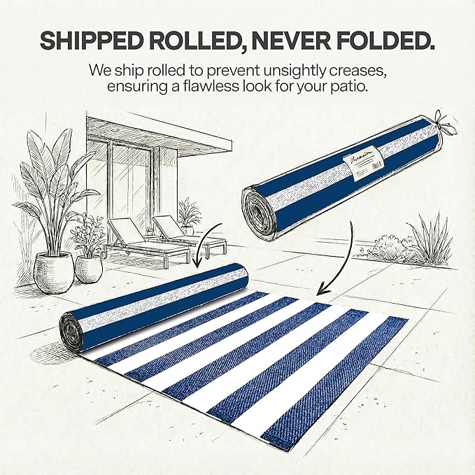 FH Home Outdoor Rug - Waterproof, Fade Resistant, Reversible - Premium Recycled Plastic - Striped - Patio, Deck, Porch, Balcony, Laundry Room - Brittany Stripe - Blue & White Crease Free - 4 x 6 ft