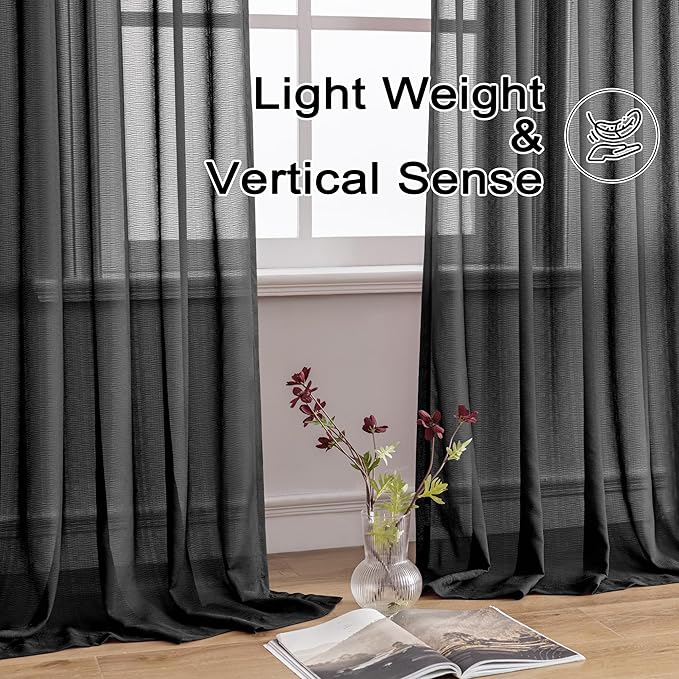 MAIHER Pinch Pleat Curtains 84 Inches Long, Light Filtering Breathable Black Sheer Curtains Soft Touch Pleated Drapes with Adjustable Hooks for Bedroom, Black, 42" W x 84" L, 2 Panels