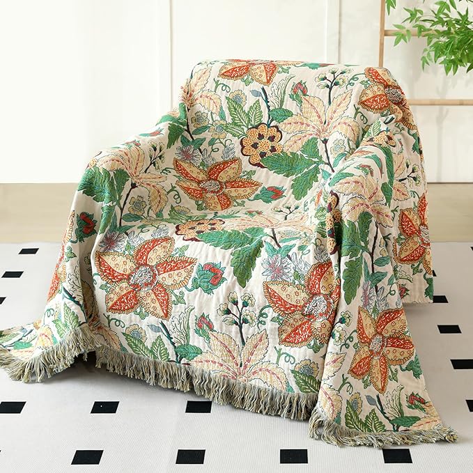 MSGKV Boho Throw Blanket for Couch Chair 100% Cotton Embroidery Floral Blanket 50"x60" Sofa Blankets for All Seasons Lightweight Farmhouse Muslin Breathable Bed Blankets Home Decor
