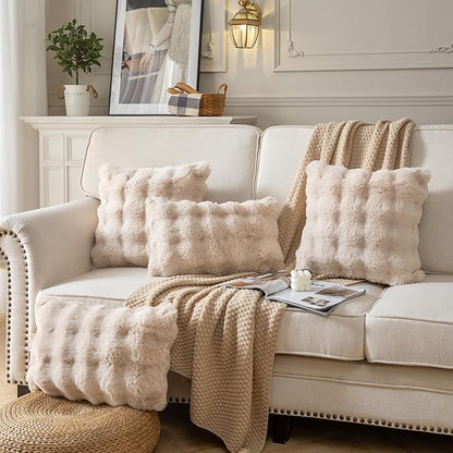Pack of 2 Thick Plush Throw Pillow Covers Fluffy Wave Faux Fur Decorative Cushion Covers Soft Wool Pillowcase for Sofa Couch Livingroom 16x16 Inch Beige