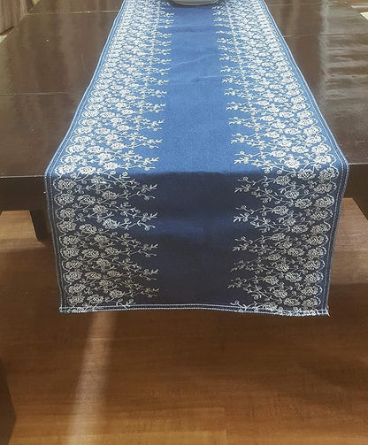 AAYU Denim Table and Bed Runner with White Floral Embroidery on Both Edges | 16 Inch X 108 Premium Quality Perfect for Wedding, Parties, Daily Décor