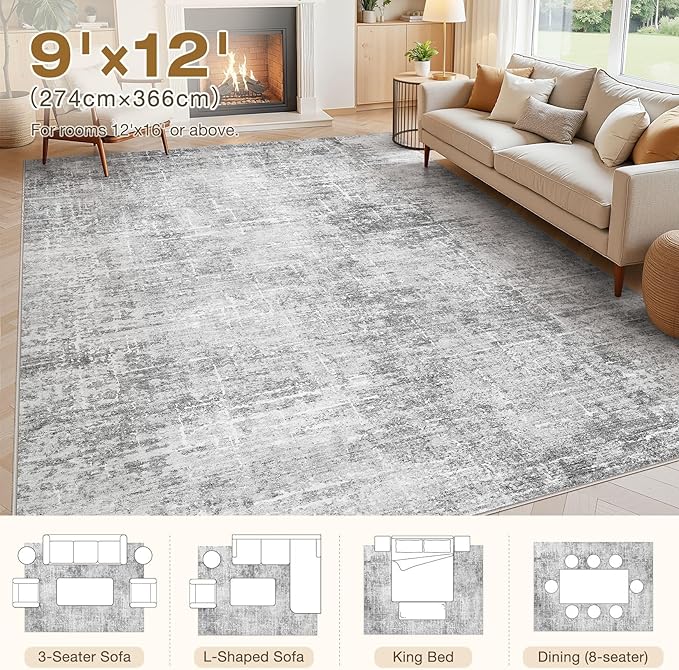 Abstract Living Room Rug 9x12 - Modern Washable Soft Thin Area Rug for Living Room Bedroom Under Dining Table - Neutral Indoor Floor Rug Carpets for Home Office Playroom Nursery - Grey White